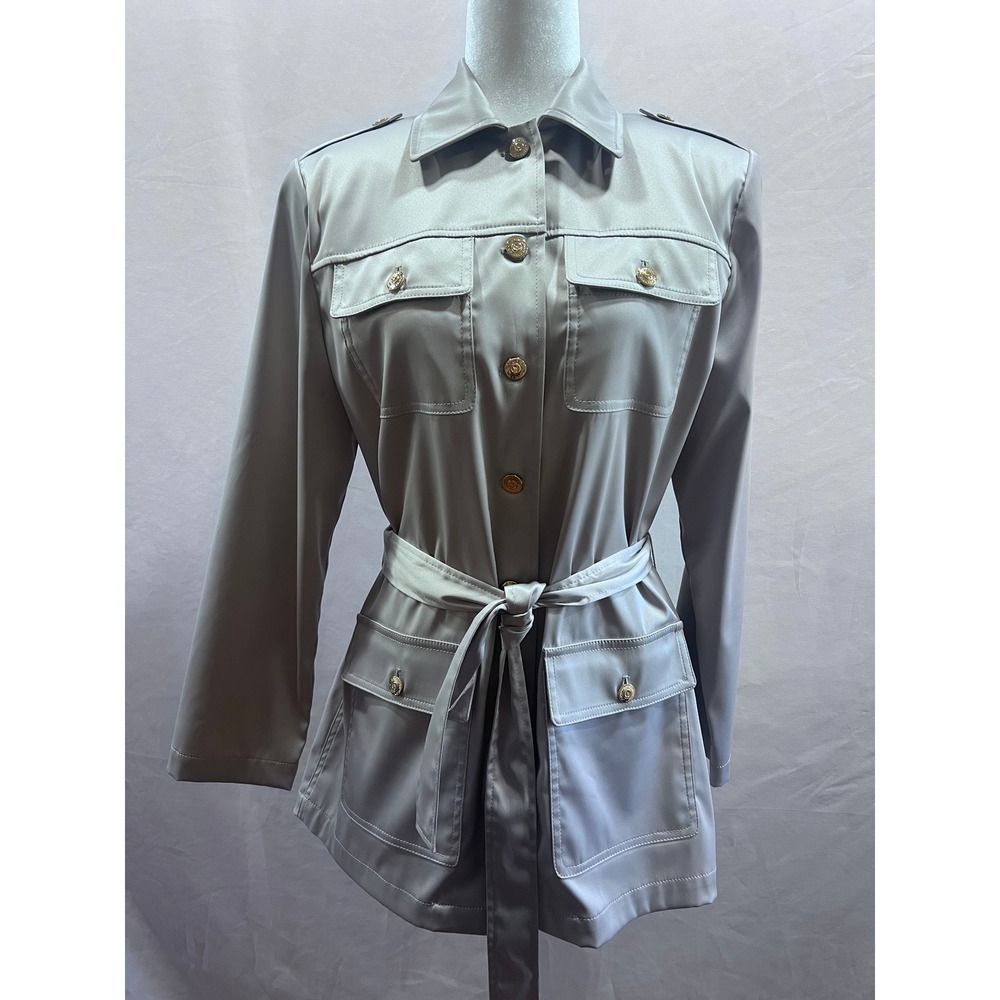Y2K St John Sport Marie Silver Gray Satin Utility Safari Jacket Gold Buttons S
